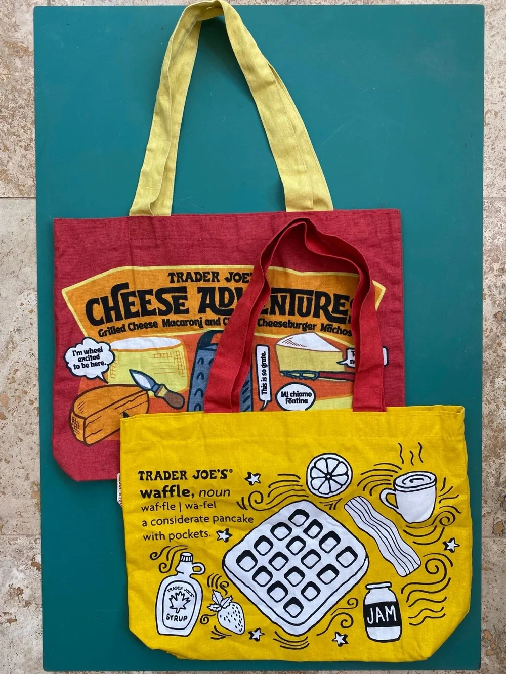 (2) Trader Joe’s Cloth Tote bags: Cheese Adventures & Waffles Toast Milk - Picture 13 of 13